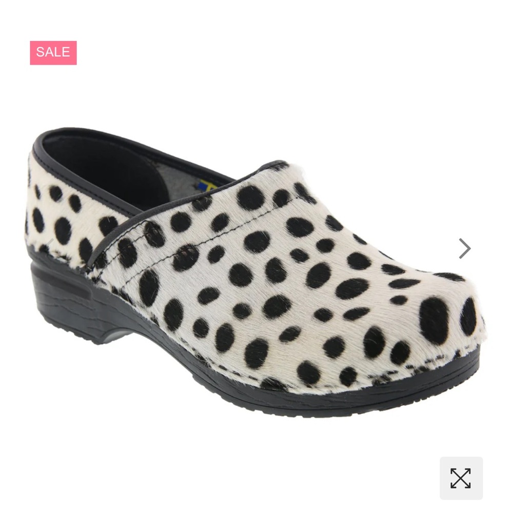 BJORK Professional Black and White leather and fur clogs